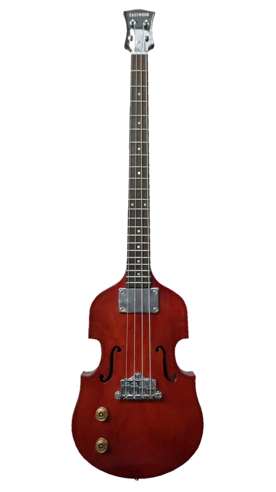 Eastwood Guitars EB 1 Bass LH Natural Mahogany Stain Angled #color_natural-mahogany-stain